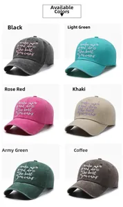 Detail showing vintage washed cotton baseball caps in six colors with letter embroidery