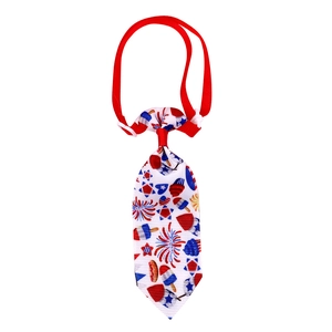 Detail of pet necktie with July 4th fireworks and flag patterns on white background