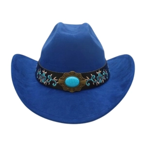 Detail of navy blue cowboy hat with ethnic floral embroidery and turquoise gemstone