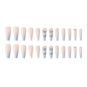 Blue butterfly Coffin press-on nails with V-shape French tips and rhinestone accents