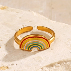 Minimalist rainbow gold stainless steel open ring with colorful enamel inlay for women