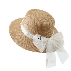 Französischer Strohhut mit Netzschleife und Perlen für Strand Sonnenschutz