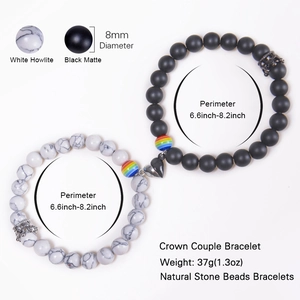 Magnetic couple bracelets with white turquoise and black matte stone 8mm beads