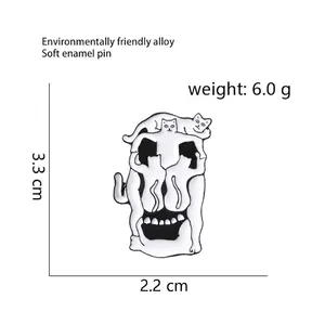 Detail view of cat skull enamel pin with size 3.3cm x 2.2cm and weight 6.0g specification