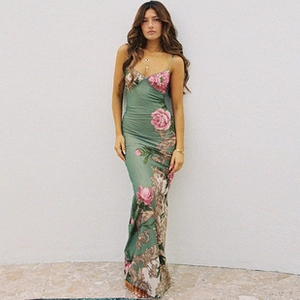 Detail of green floral strap dress showing slim fit design and printed pattern