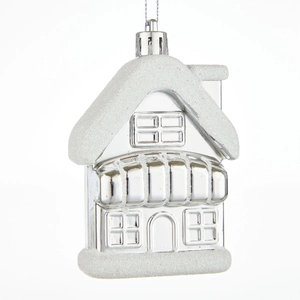 Silver house-shaped Christmas tree ornament with white snow dusting for festive home decor