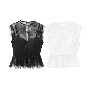 Sexy Lace Patchwork Bustier Crop Top Sleeveless Round Neck Sheer Eyelash Lace Trim Elegant Summer Vest For Women