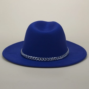 Detailed close-up of Royal Blue Fedora hat with decorative chunky silver metal chain link