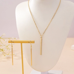 Elegant gold geometric rectangular bar necklace and matching earrings jewelry set for women
