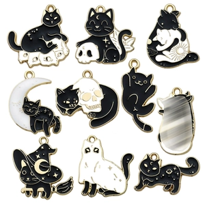 Halloween Cat Charms Alloy Enamel Moon Skull Pendant DIY Jewelry Making Accessories Gothic Mystery Style