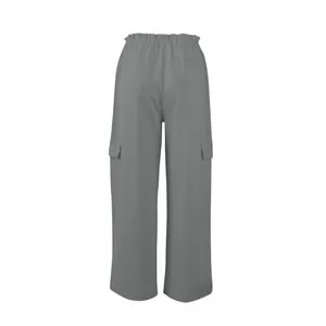 Rear view of grey cotton linen wide-leg cargo pants featuring elastic waist and flap pockets