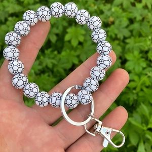 Handheld soccer bead keychain bracelet with silver metal ring and lobster clasp