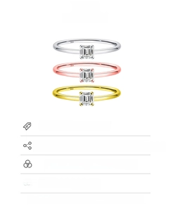 Detailed view of Asscher cut moissanite rings in silver, rose gold, and gold finishes