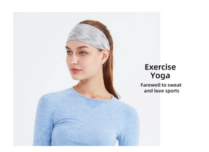 Detail of light grey elastic sports headband worn by a model for yoga and running exercise