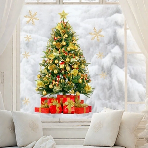 Adesivi natalizi per finestre con albero decorato in oro e pacchetti regalo festivi