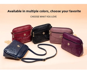 Details of women multi-color leather shoulder crossbody bag with elegant floral embossing.