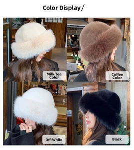 Winter faux fur bucket hats shown in milk tea, coffee, off-white and black colors
