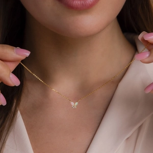 Butterfly Pendant Necklace Stainless Steel With Pink Blue Opal And Rhinestones Plated 18K Gold Elegant Jewelry For Women