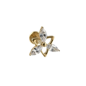 F136 Titanium gold stud earring with three marquise-cut zircons in flower shape