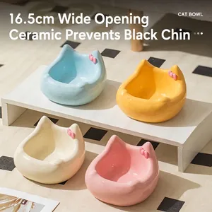 Ceramic cat bowl set in pastel colors with cute ear shapes and 16.5cm wide opening