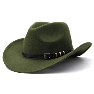 Dark green wool felt cowboy hat with black belt band and golden square buckles
