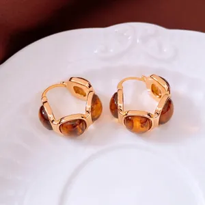 Retro resin square mosaic gold hoop earrings with amber tortoise shell texture
