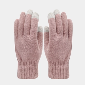 Detail of mauve thermal knit gloves showing grey conductive touchscreen fingertips