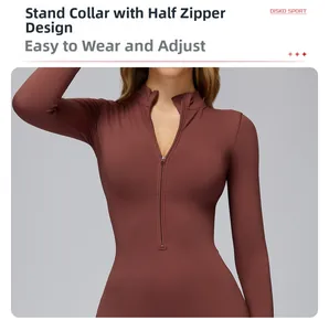 Detail of high-stretch yoga bodysuit featuring a standing collar and half-zipper design