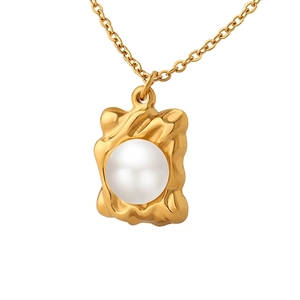 Rectangular Irregular Textured Pendant Necklace With Imitation Artificial Pearl Titanium Steel 18K Gold Plated Elegant Jewelry Women