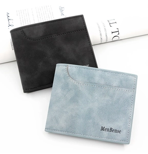 Close-up of matte texture and card slot detail on black and light blue men's wallets