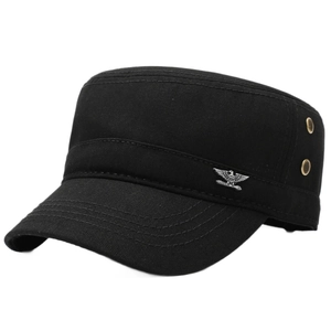 Classic black cotton flat top army cap with silver eagle emblem and side eyelets