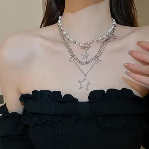 Multi Layer Necklace Featuring Hollow Star Pendants And Imitation Artificial Pearls Alloy Clavicle Chain For Women Fashion Accessory