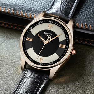 Yazole 416 men's business quartz watch with rose gold case and black leather strap