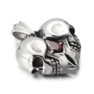 Punk vintage silver skull heart pendant with red teardrop gemstone in minimalist style
