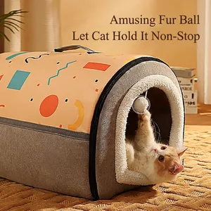 Lettino a tunnel per gatti con stampe geometriche e fodera in pile per il calore invernale