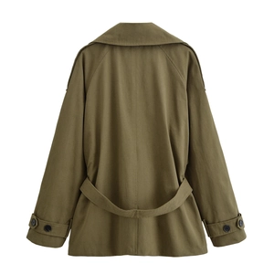 Olive green utility jacket with sailor collar and adjustable waist belt, back view