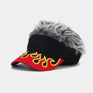 Detailed view of grey synthetic wig top on black baseball cap with flame embroidery