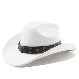 Close-up of brown leather hat band with bronze bull head emblem and rivets on white hat