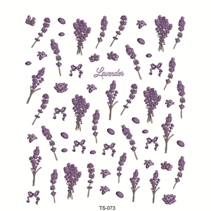 Detail of 5D lavender embossed nail stickers with purple floral and bow patterns