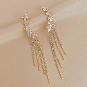 Alloy Zircon Rhinestone Leaf Tassel Earrings Integrated Stud And Cuff Dangle For Women Elegant Fashion