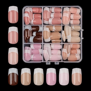 9-color solid French false nails set in a clear plastic organizer box with glossy finish