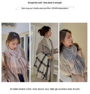 Detailed view of long cashmere-like scarves with plaid patterns and fringed tassels