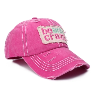 Distressed rose pink washed cotton baseball cap with Beach Crazy embroidered patch