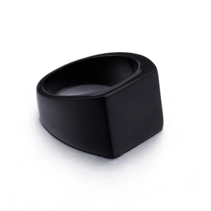 Minimalist matte black geometric square ring in stainless steel on white background