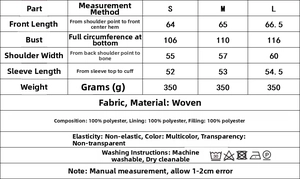 Detailed size chart and fabric composition for women's bow print padded jacket