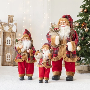 Santa Claus And Snowman Figurine Christmas Decoration Plush Doll Fabric Plaid Nordic Style Desktop Ornament Holiday Home Decor