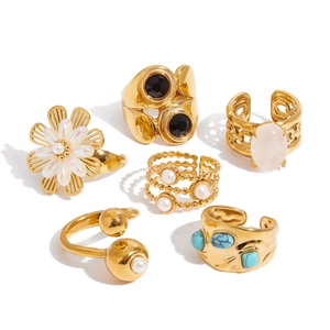 Collection of six 18K gold-plated stainless steel rings with natural stone and pearls