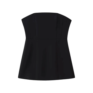 Front view of black strapless peplum top with structured waist and flared hem design