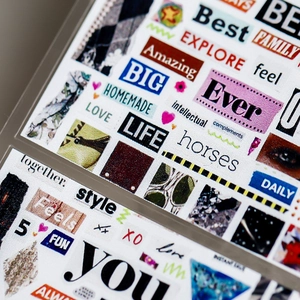 Japanese style colorful collage alphabet stickers with retro designs and matte texture