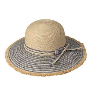 Denim and raffia sun hat for women featuring a large brim with fringed edges and bow